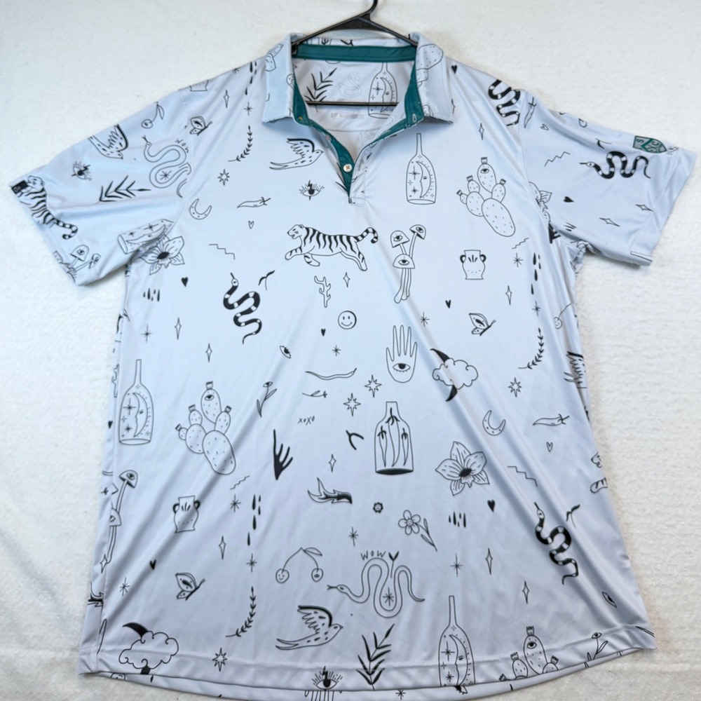 Swannies Golf Tattoo Print Polo Shirt Mens 2XL White Grey Tiger Snake Cactus